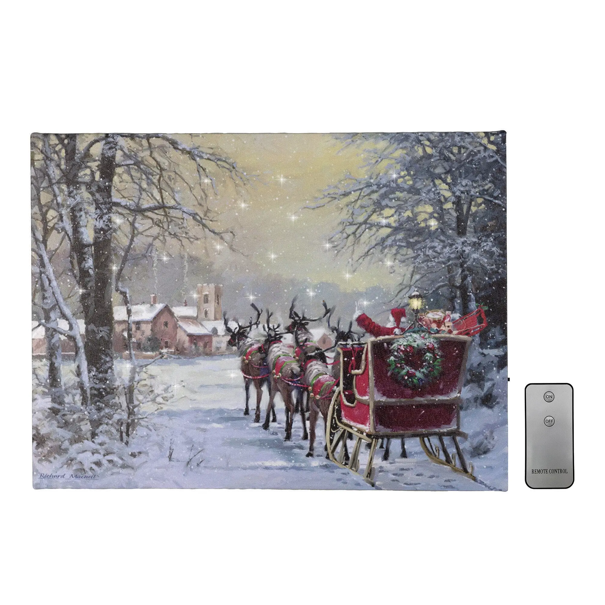 LumaBase Santa's Sleigh Ride Lighted Wall Art - Artistic Full Color Printed Canvas with LED Lights, Remote Control Lets You Set the Mood, Home Decor Products for Christmas Indoor Decoration