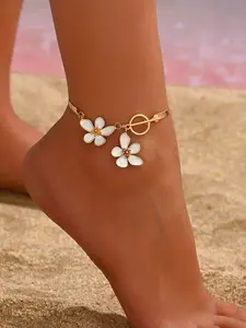 Fashionable Creative Flower Anklet, Foot Jewelry, Oil-Drip Camellia Design, Ot Clasp Chain, Suitable for Daily Wear & Summer Vacations