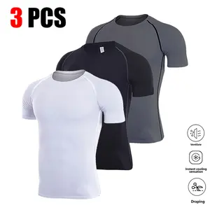 Men’s solid-color crewneck compression athletic T-shirt, quick-drying breathable short-sleeve tee suitable for running and fitness training; casual sports top for all seasons; sportswear