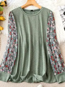 Plus Size Women's Patchwork Long Sleeve Floral Fitted Shirt Pullover Knit Sweater Vintage Design Casual Top, Fall & Winter Fashion, Knitwear