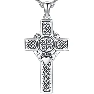 DRINSPER S925 Celtic Knot Cross Necklace 925 Sterling Silver Jewelry