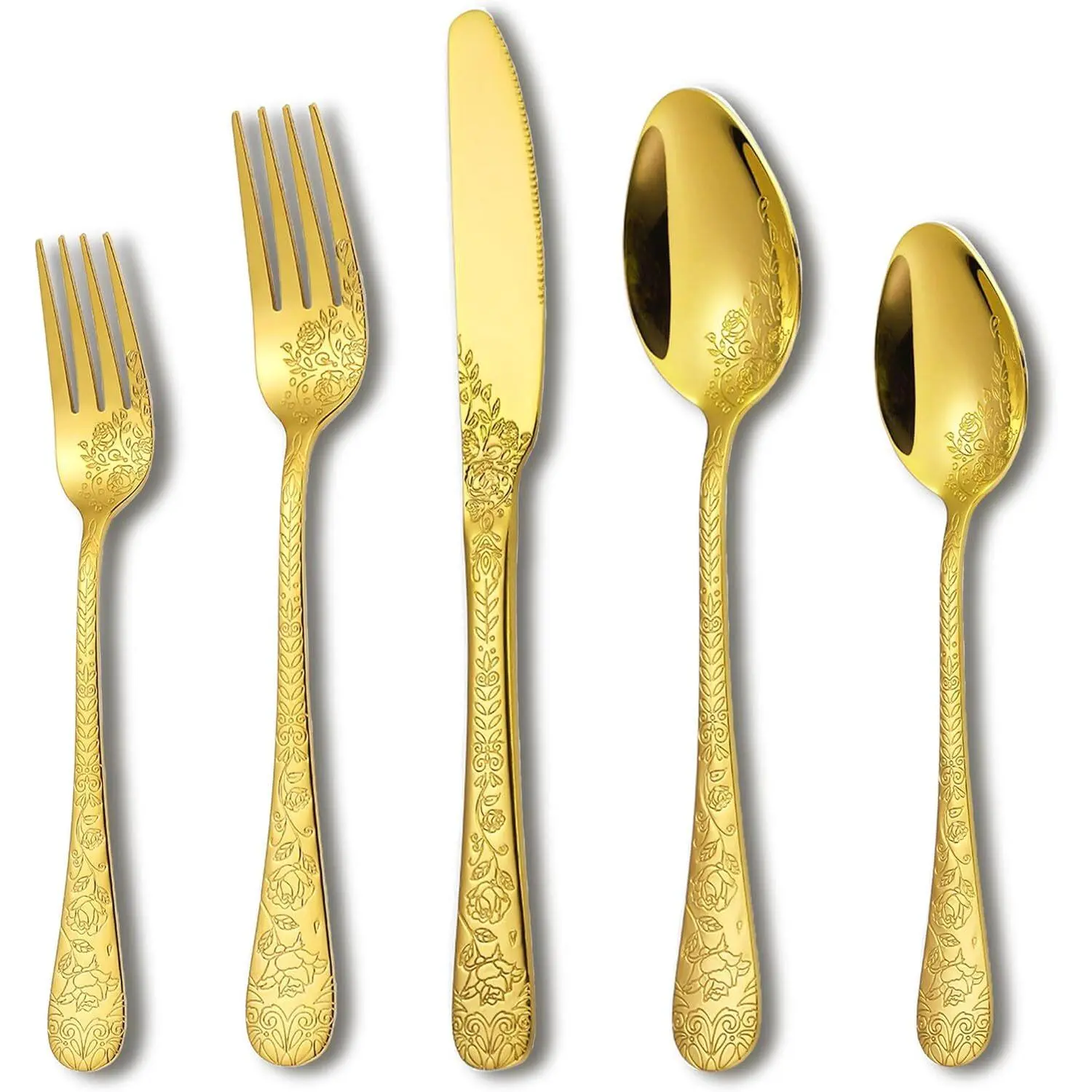 Vintage Carved Floral Gold Silverware Set for 4, Stainless Steel 20-Piece Flatware Set with Knife/Fork/Spoon, Cutlery Set for Home and Kitchen, Modern Utensil Set