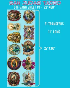San Judas Tadeo DTF Gang Sheet #1, 22"x60" Craft DTF Transfer Sheet, DIY Craft Supplies for Specialty DIY Projects