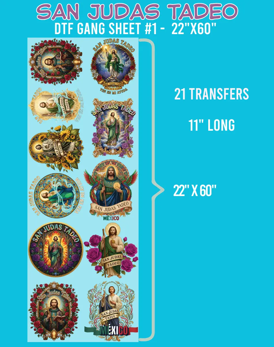 San Judas Tadeo DTF Gang Sheet #1, 22"x60" Craft DTF Transfer Sheet, DIY Craft Supplies for Specialty DIY Projects