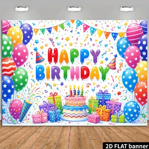 2D Flat Banner Polyester Photography Backdrop, colorful Happy Birthday party theme, HD digitally printed, soft lightweight foldable background cloth for birthday celebrations, party decorations, photo booth props, and studio shoot