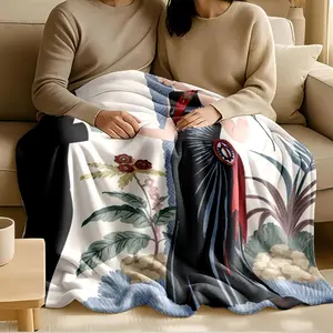 1 piece Elegant vintage style couple dancing illustration themed flannel blanket - Microfiber fluffy flannel sofa blanket, suitable for beds and sofas, modern design, all-season multi-purpose use, digitally printed pattern, 100% polyester material