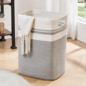 Laundry Hamper, Tall Cotton Decorative Blanket Basket with Handles for Living room,Collapsible Large Baskets for Toys,Pillows,Clothes Organizer-16x13x22in-Gray