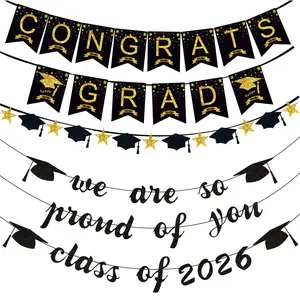 2 pcs 2026 Graduation Party Decor Banners, Congrats Grad & Class of 2026 Hanging Garland Flags
