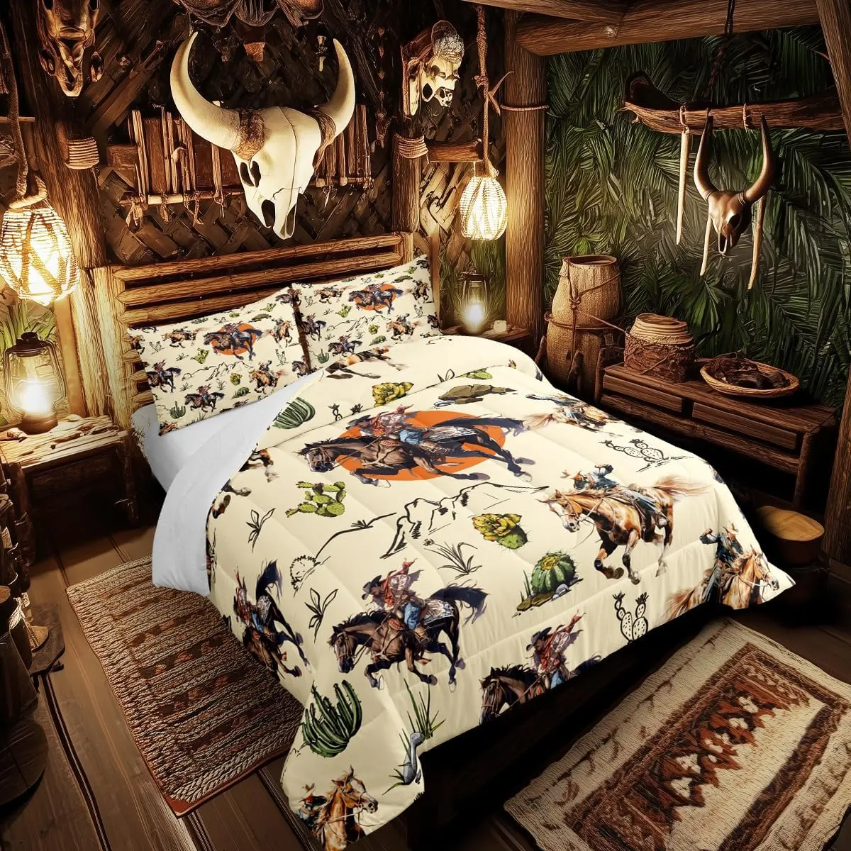 Feelyou Breathable Microfiber Western Cowboy Duvet Set - Southwest Ranch Themed Bedding with Desert Cactus Design, Ideal for Men Teens, Breathable Duvet Set, Microfiber Bedding Set