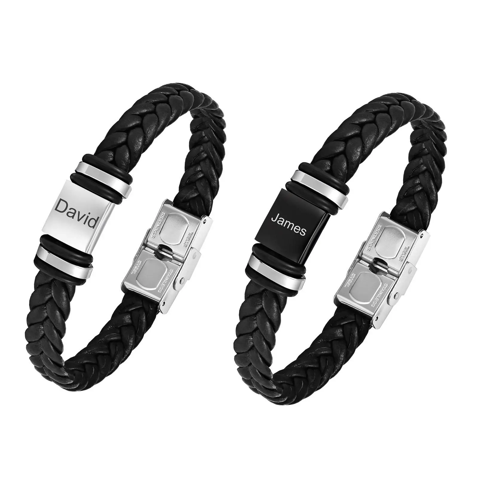Vnox Free Custom Name Bracelet, Braided Genuine Leather Wristband, Stainless Steel Square Charm Jewelry Gifts to Father Dad Boys