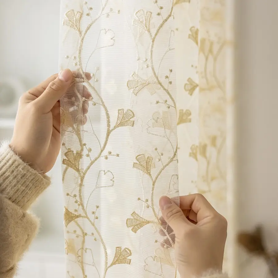 Embroidered Leaf Motif Polyester Transparent Panel Curtain, Bathroom Home Supply, Shower Curtain Alternative, Ideal for Bedroom, Embroidery