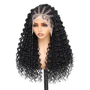 【RXC】Glueless Braided Wig Lace Front Cornrow Knotless With Curly Hair Baby Hair For Daily Party Use 1B#