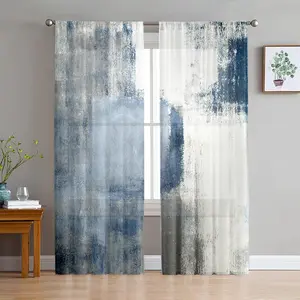 2D Flat 2Pcs Abstract Blue Grey Pattern Curtains, Light Filtering Drapes for Living Room Bedroom, Decorative Window Treatment, Rod Pocket Sheer Panels, Home Decoration Curtain, Home Decor