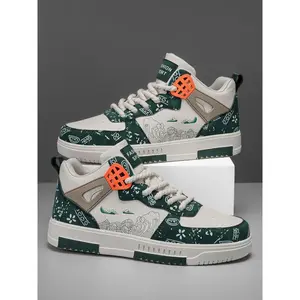 Men's Fashionable Patchwork Mid Top Sneakers, Casual Comfortable Sports Lace Up Skate Shoes, Trendy All-match Sneakers for Daily Wear