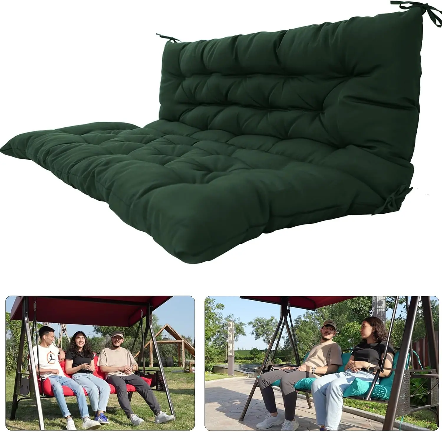 60in Porch Swing Replacement Cushion,Waterproof Fade-Resistant, Green| Thick 4" broken sponge fill, fits 3-seat outdoor swings, glider, patio furniture, garden benches, easy to clean and maintain