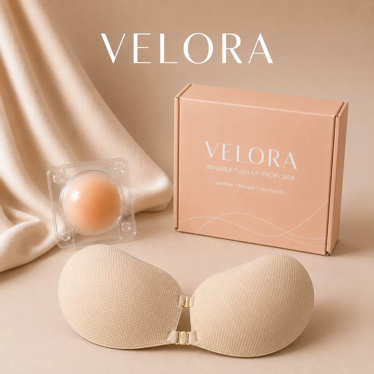 VELORA Invisible Push-Up Sticky Bra – Breathable Mesh Adhesive Bra with Double Clasp Lift System, Seamless Strapless Backless Bra for Dresses & Daily Wear