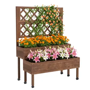 41.93"x22.44"x54.13" Raised Garden Bed with Trellis, 2-Tier Planter Box with Legs, Elevated Wood Planter Box Stand for Backyard, Patio, Balcony with Wheels, Drainage Holes, Brown