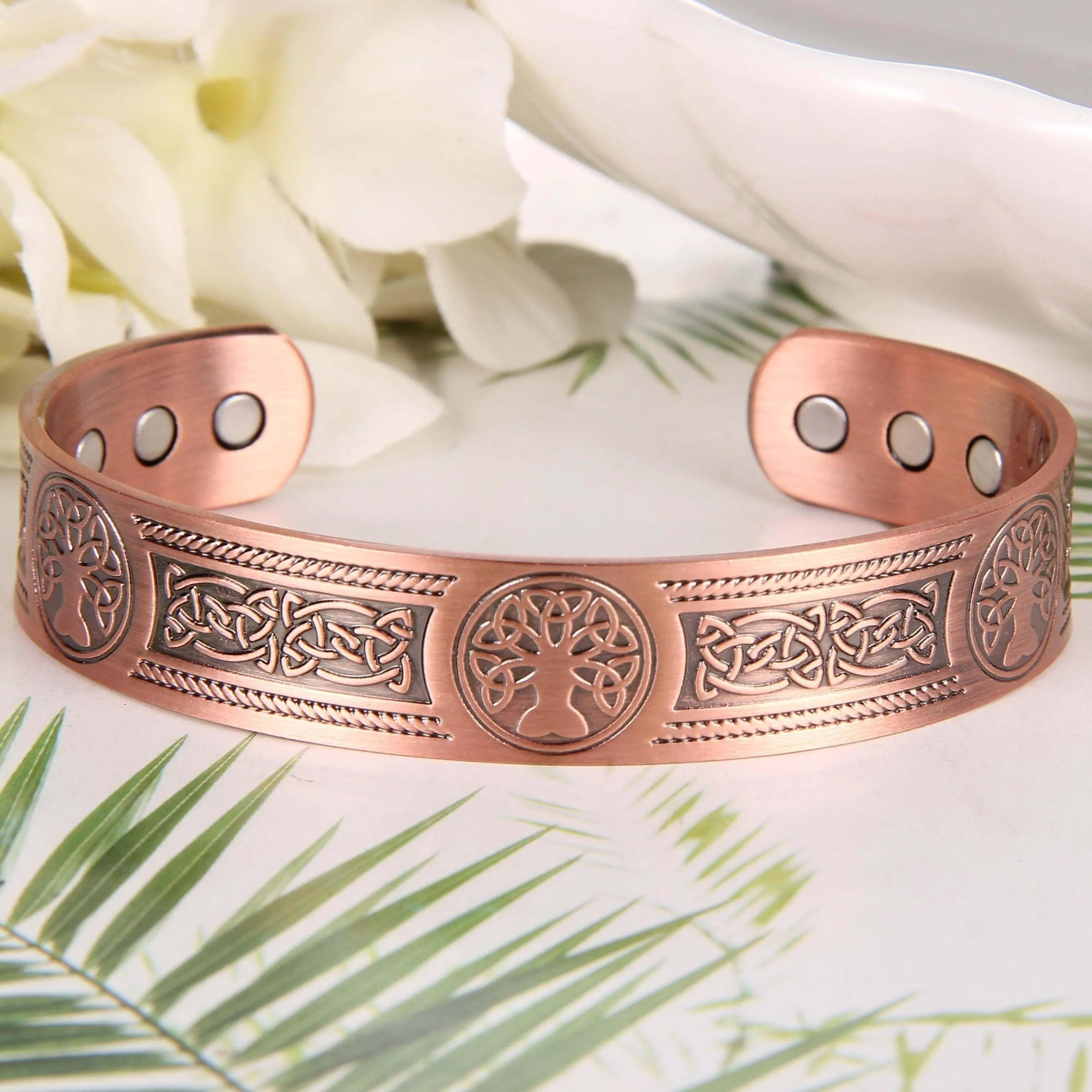 Copper Magnetic Open Cuff Bracelet for Men - Unisex Fit, Ultra Strength, Tree Motif, Bangle Shape, Adjustable Daily Wear Costume Jewelry Gift