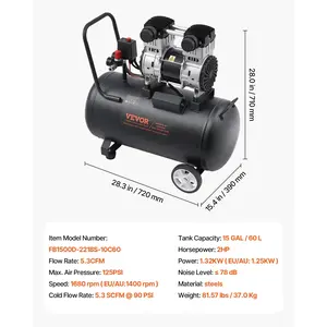 VEVOR Air Compressor, 15 Gallon Steel Tank, 2HP 5.3 CFM90 PSI Oil Free Air Compressor Max. 125PSI Pressure, 78dB Ultra Quiet Portable Compressor, for Auto Repair, Tire Inflation, Spray Painting