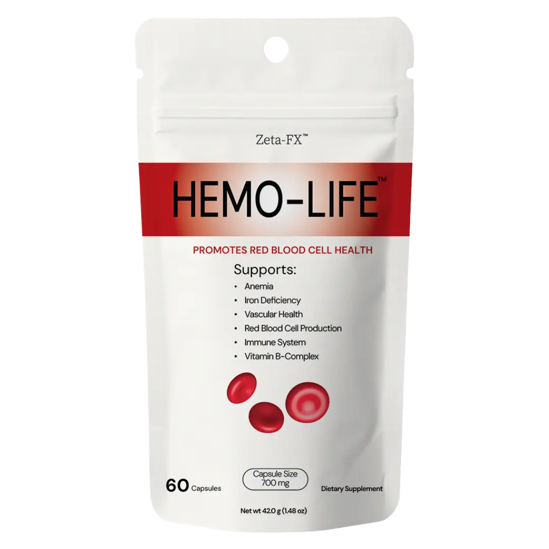 Zeta-FX Hemo-Life 60 Capsules 700 mg Supports Red Blood Cell Health Iron Deficiency Anemia Immune System Vitamin C for Energy & Focus