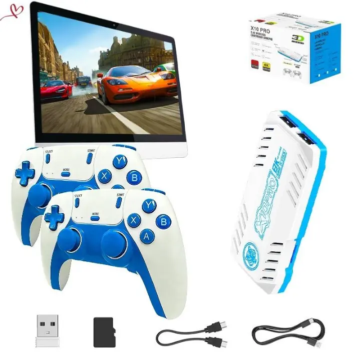 X10 Pro Retro Video Game Console - 128GB Wireless Home Gaming Machine with 2 Wireless Controllers, HDMI Port, Cells, Plug & Play for Adults, Blue-White/Black-White