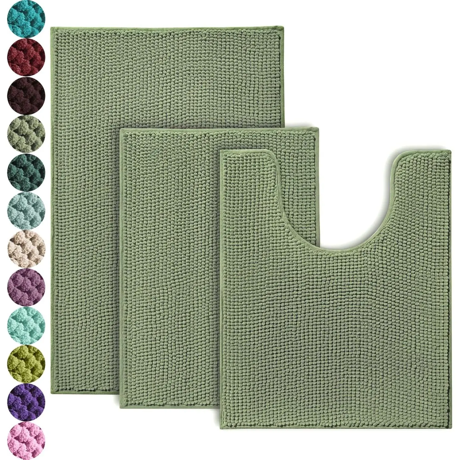 Sage 3-Piece Chenille Bath Rug Set - Durable, Thick, Ultra Soft, Nonslip, Super Absorbent, Washable, Rubber-Backed Waterproof Mats for Shower, Toilet Bathroom Decor, 3 Pieces, Home Supplies