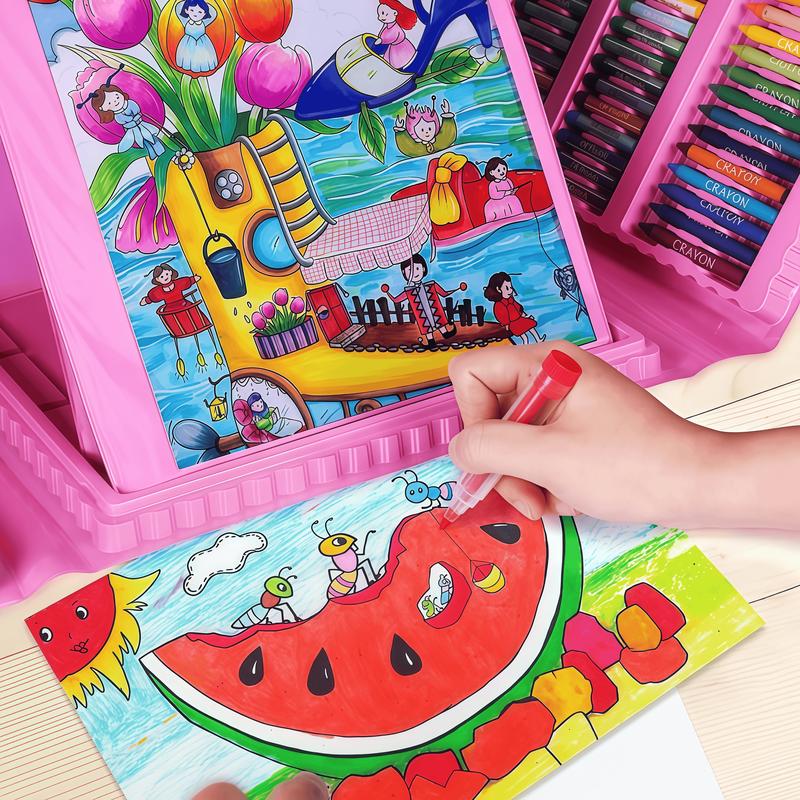 208 PCS Art Supplies, Drawing Art Kit for Kids Adults Art Set with Double Sided Trifold Easel, Oil Pastels, Crayons, Colored Pencils, Watercolor Pens Gift for Girls Boys Artist,  The Best Easter Gift, Pink