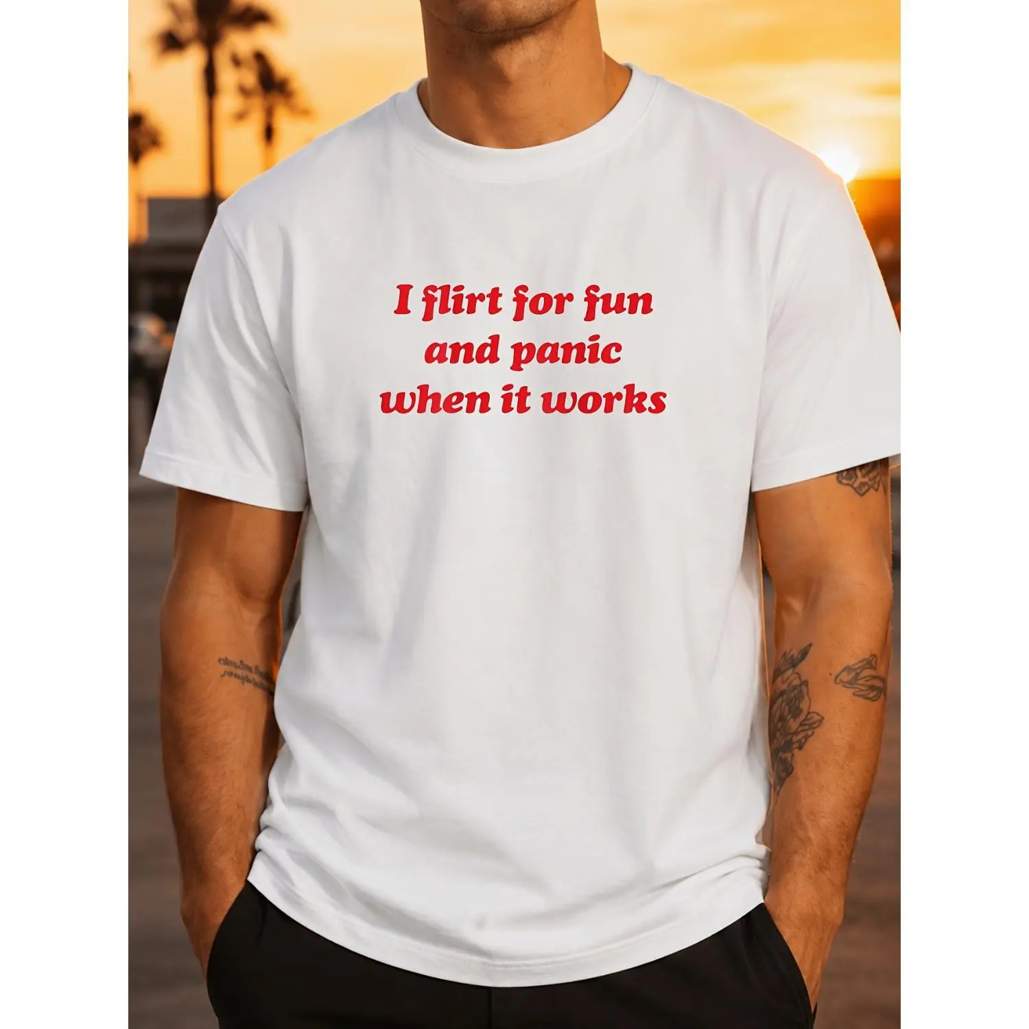 I Flirt for Fun Panic When It Works Dating Humor Cotton T-shirt Men Medium White 1 Same Style for Men and Women 2026 Summer Short-Sleeved Printed Cotton T-shirt 180G