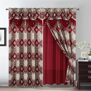 Elegant Curtains with   Threads 2 Panels Set - Luxury Window  Attached Valance, Sheer Backing, and 2 Tie Backs for Bedroom and Living Room, 54x84 inches, Burgundy