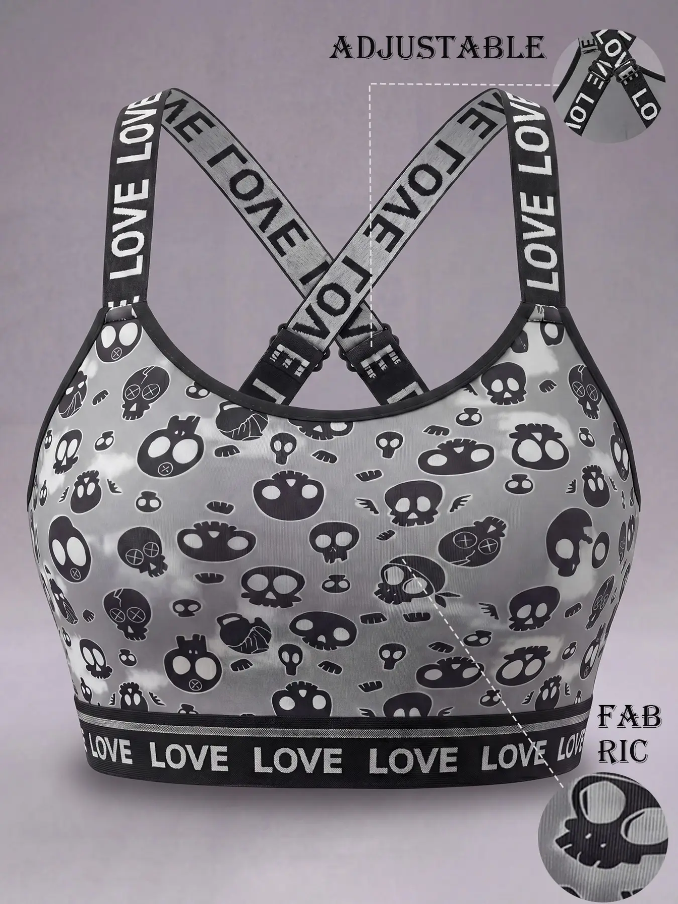 Dark Skull Print Backless Bra, Adjustable Cross Straps, Wireless Sports Bra, Exercise Bra, Shockproof and Shapewear, Outerwear Vest Style, Strappy Workout Bra, Sports Bralette