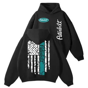 Peterbilt American Flag Hoodie – 2side Distressed Flag Graphic, Blue Stripe Semi Truck Hoodie, Trucker Life Hoodie, Vintage USA Trucker Outfit