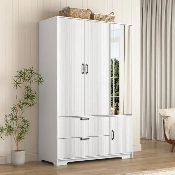 4 Doors Wardrobe Closet with Mirror, LED Wardrobe with Doors and 2 Drawers, Wooden Wardrobe Storage Cabinet with Hanging Rod, Adjustable Shelves, White