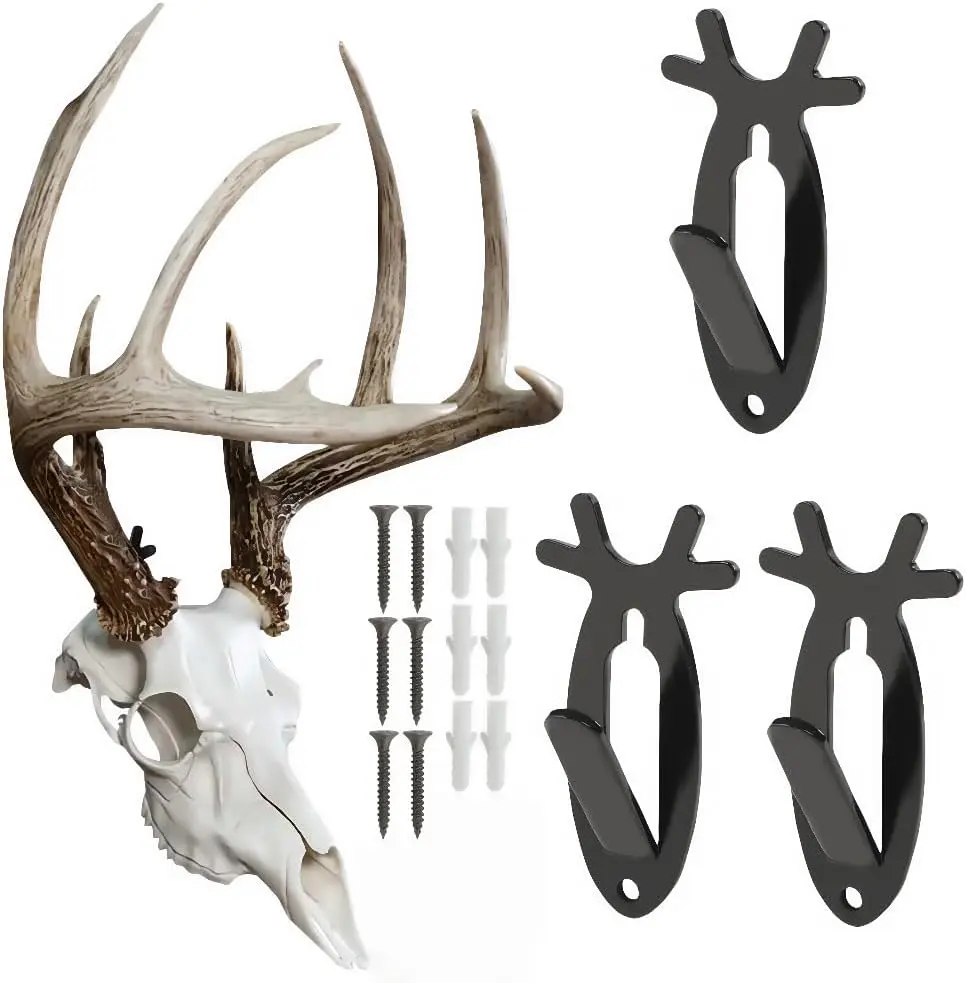 PIT66 3-Pack Exquisite Antler Shape Decorative Durable Stainless Steel European Mount Skull Hanger, Wall Mount Bracket (20 LB Capacity) for Hanging Small Game Animals, Decoration for Living Room Home Decor