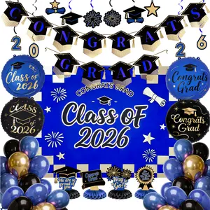 Graduation Decorations Class of 2026 Grad Party Supplies Set with Congrats Grad Backdrop Blue Checkered Banner Hanging Swirls Foil Latex Balloons Centerpieces Party Decoration Blue Black Gold 40pcs
