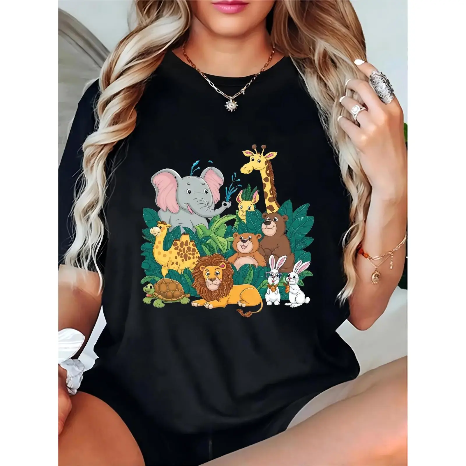Women's Round Neck Jungle Safari Graphic T-Shirt - 100% Cotton Casual Short Sleeve Top with Lightweight, Comfortable Fit