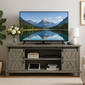 GARVEE Modern Farmhouse TV Stand for 75 Inch TV – 66" Entertainment Center with Sliding Barn Doors, Storage Cabinets & Media Console – Rustic White with Brown Top Panel – Perfect for Living Room – Ample Storage & Easy Assembly!