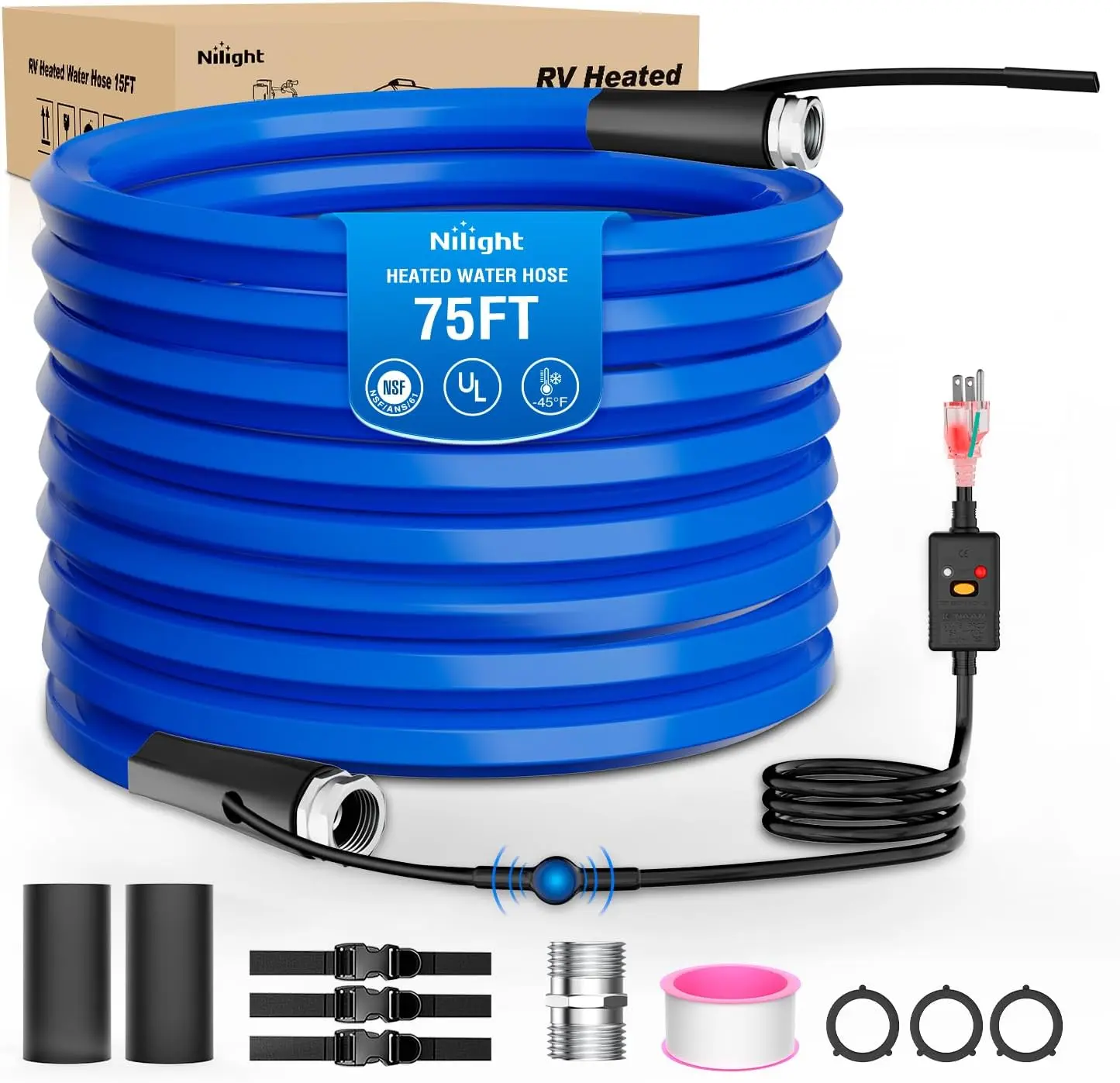 Nilight RV Heated Water Hose, 75FT 5/8”ID -45°F Freeze Protection, Aluminum Fittings, Energy-Saving Thermostatic Smart Heat System, GFCI Leak Protection, NSF Certified Camping Gardening Winter Accessory with Gaskets LED Plug, Leakage Protector