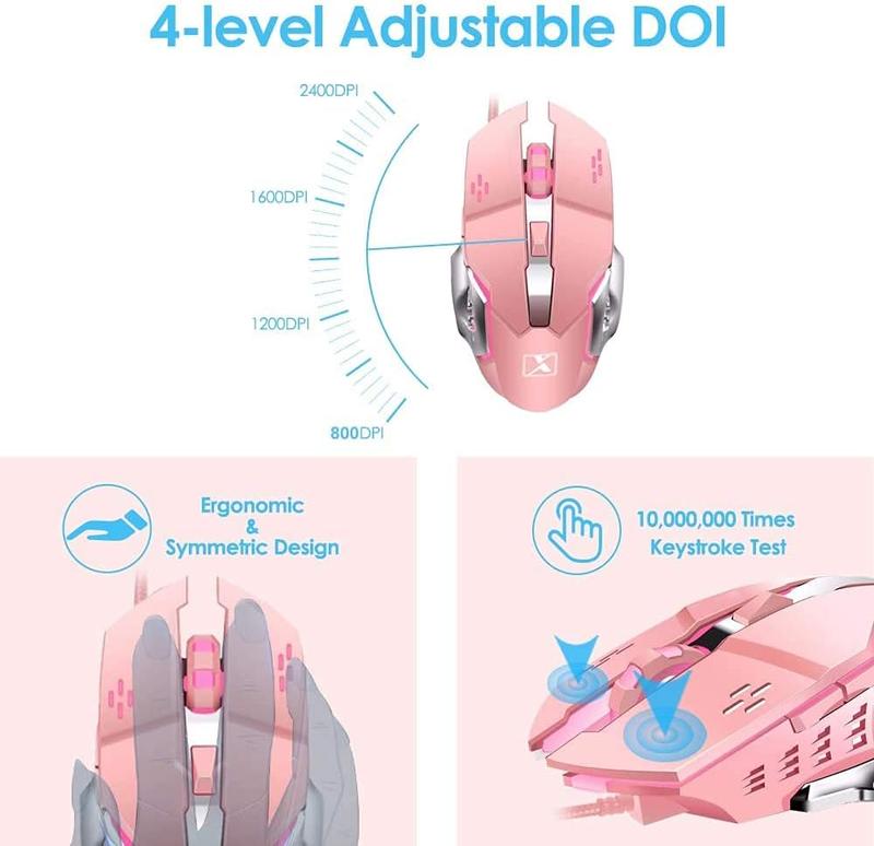 XINMENG Wired Pink Typewriter Keyboard and Mouse Combo,Retro Vintage Mechanical Gaming Keyboard with White LED Backlit,104 Keys Anti-Ghosting Blue Switch Cute Keyboard,Round Keycaps,4 Color Backlit Mouse,Pink Mousepad for Desktop PC/Laptop Mac