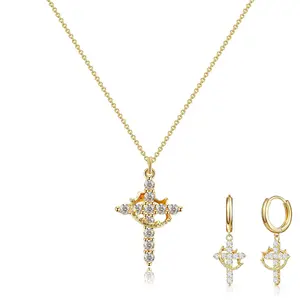 Gold Crown Cross Hoop Earrings and Pendant Necklace Set for Women, Gold Plated Brass, Cubic Zirconia Huggie dangle Earring Jewelry, Trendy Dainty Christian Jewelry Gift
