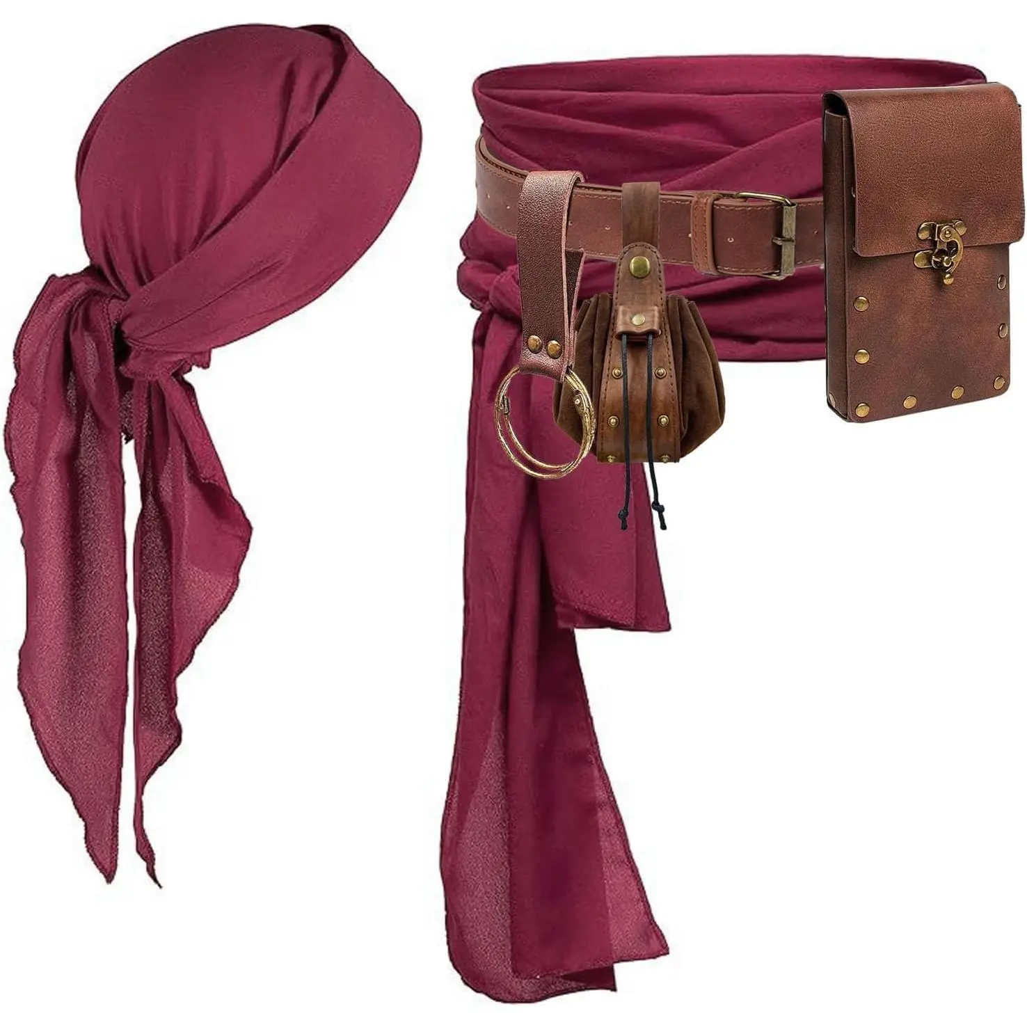 Pirate Costume Pirate  Scarf Bandanas Belt  Sash Medieval Belt Pouch  Purse Leather Hook Festival Sets