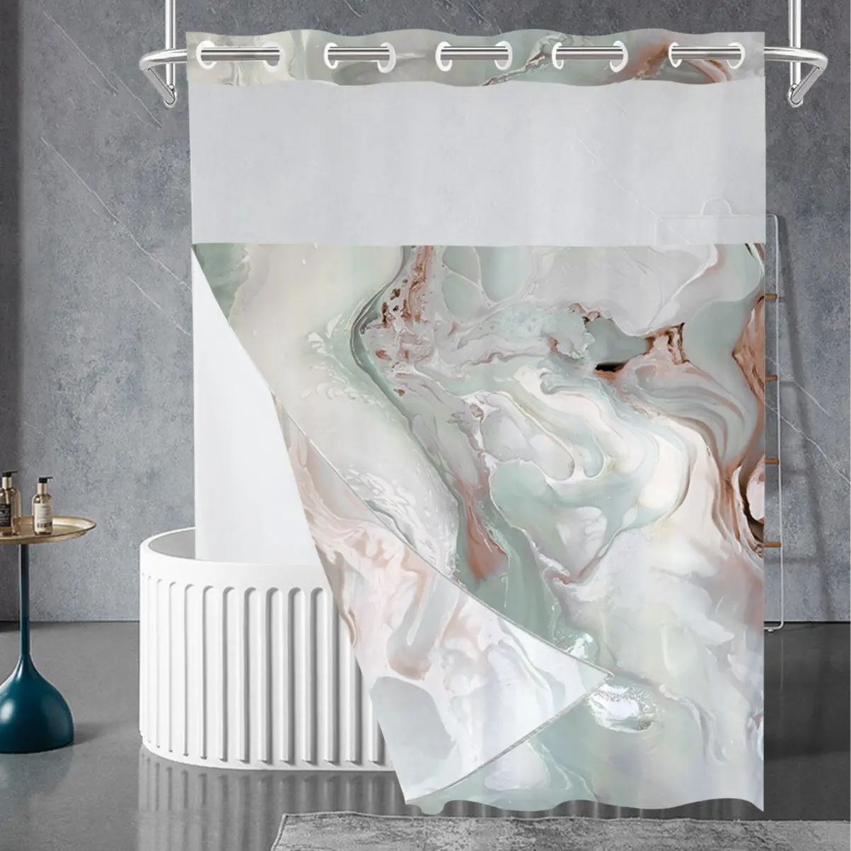 Contemporary Double-Layer Large Ring Digital Printing Waterproof Straight Shower Curtain, Bathroom Curtains Shower for Hotel & Home Bathroom Use
