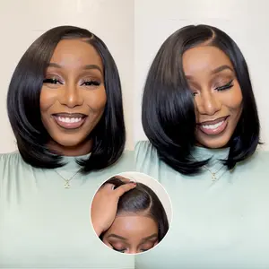 U&A Hair Synthetic 9x7 Glueless C-Part Short Bob Layered Cut Straight Wig Wear And Go Lace Front Wigs Pre Plucked Pre Cut Clean Hairline with Tiny Knots