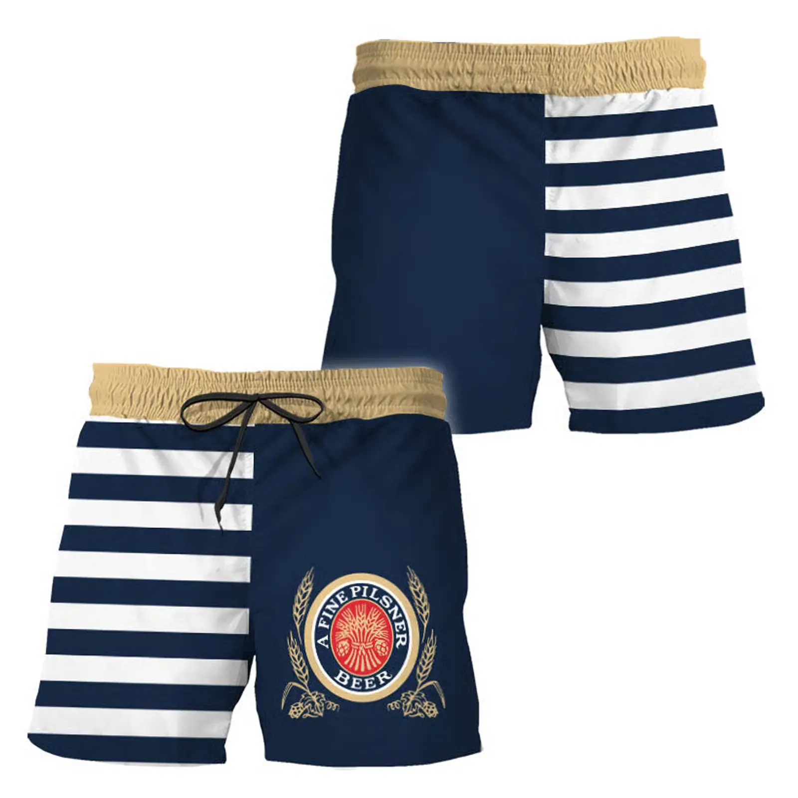 Navy Blue And White Stripe Swim Trunks | Lite Beer Inspired Men's Board Shorts | Funny American Lager Beverage Summer Beachwear