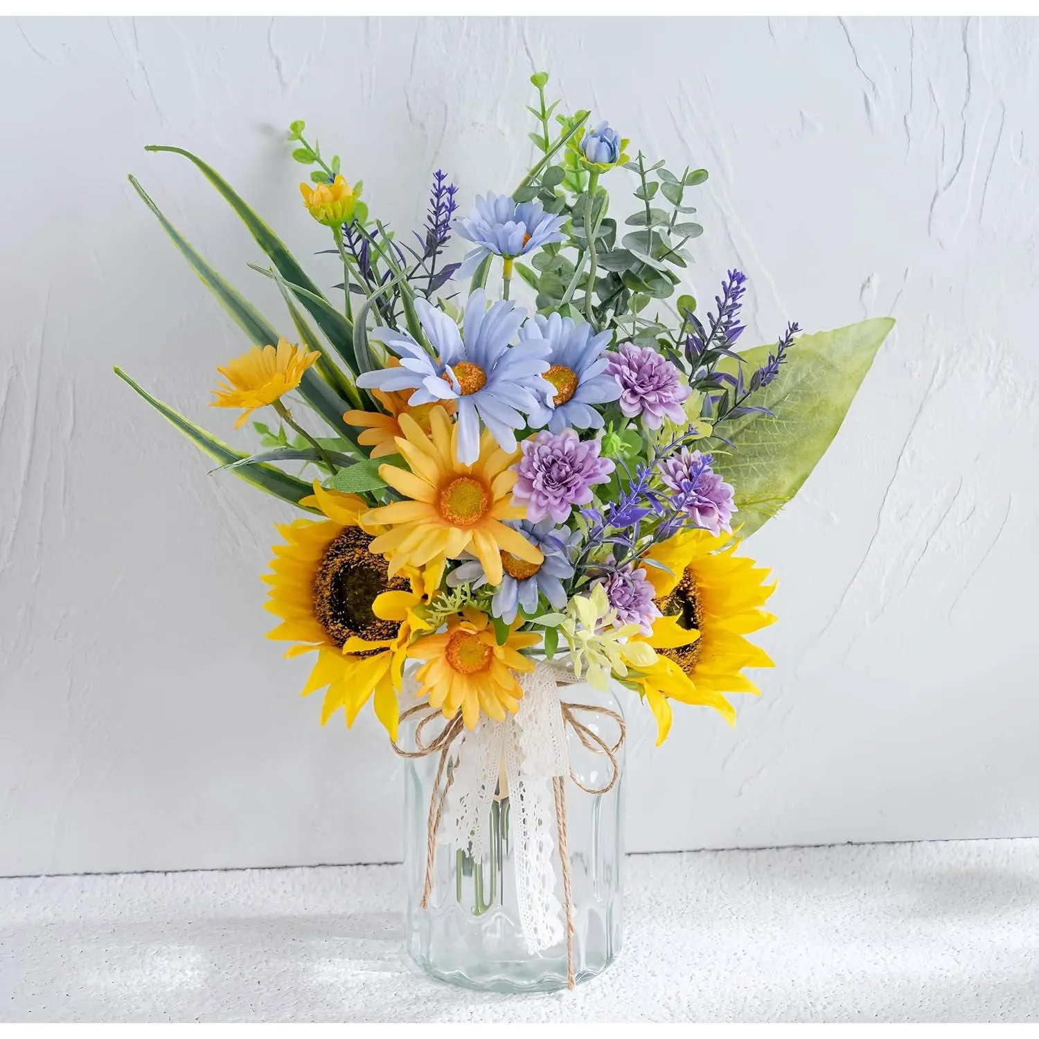 LUEUR Artificial Silk Sunflower with Vase Fake Flowers in Vase Centerpiece Coffee Table Decor, Fake Plant Blue Daisy Flower Arrangement for Spring & Summer Decorations Indoor Home Office Living Room