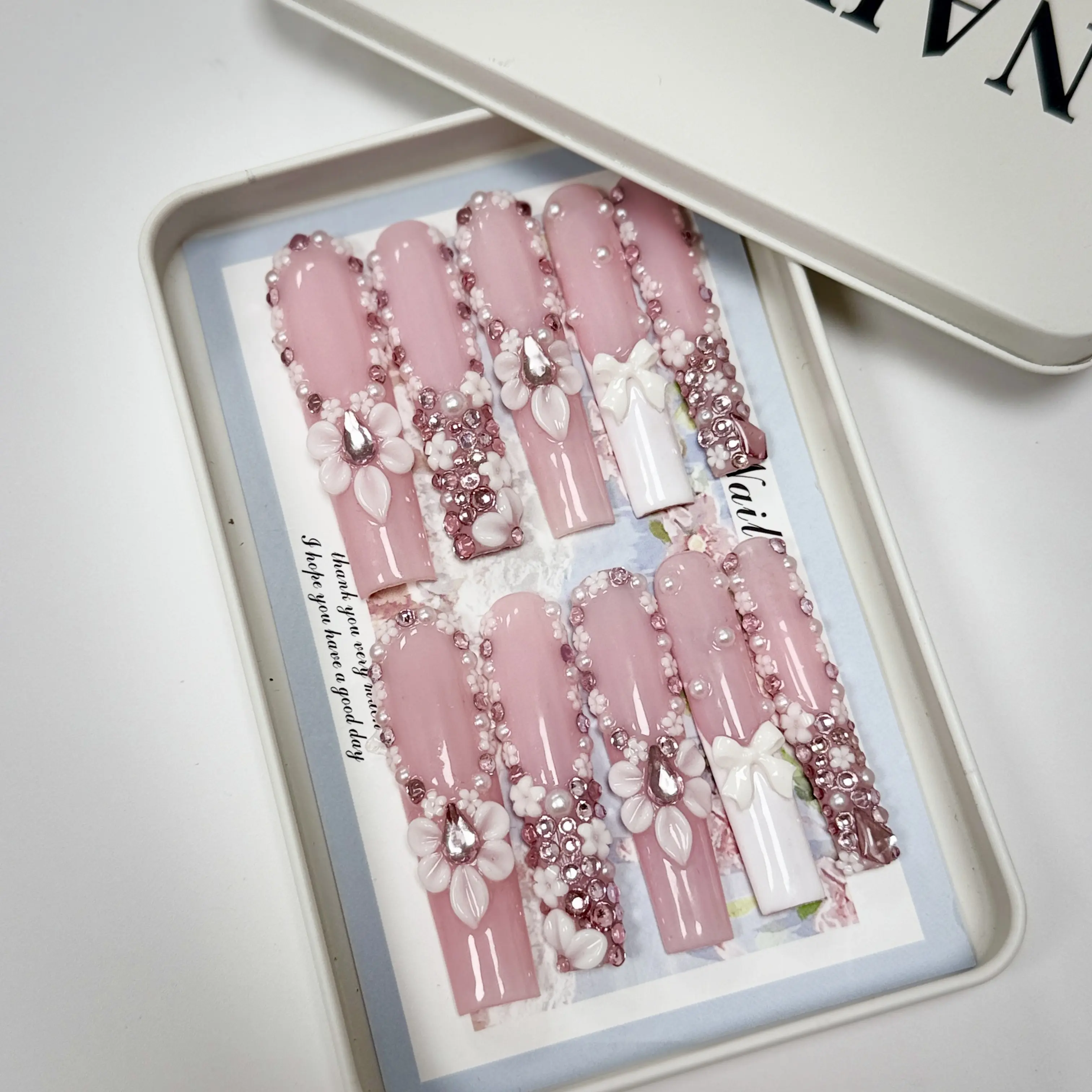 Viral 3D Floral Press-On Nails | Extra-Long Trapezoid with Pink Gems & French Tips
