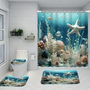 Ocean Series Bathroom Decorations, 4 Counts/set Including 1 Shower Curtain & 1 Toilet U-shape Mat & 1 Rectangular Mat & 1 Toilet Lid Cover, Bathroom Accessories