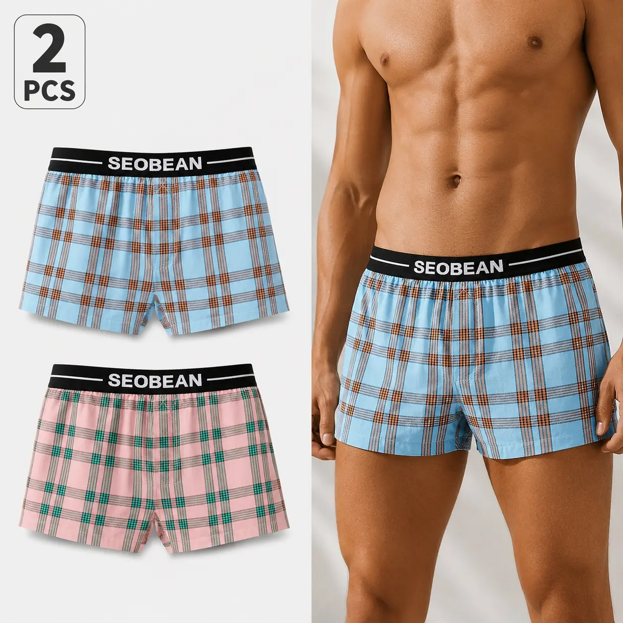 SEOBEAN Menswear 2-Pack Classic Stylish Men's Plaid Home Boxer Shorts, Casual Summer Underwear