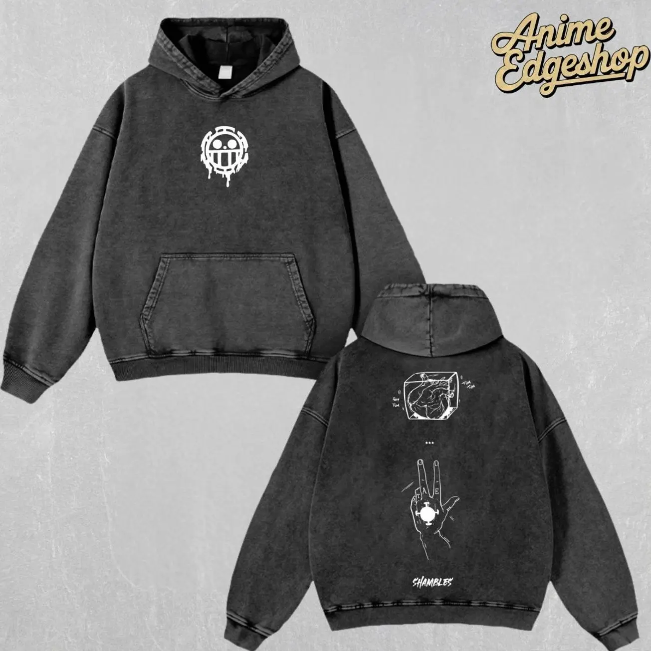 Retro Vintage Trafalgar Law Oversized Washed Hoodie , One Pieceee Anime Streetwear Outfits, Heavyweight Cotton Unisex Top, Gift For Him & Her Manga Lover, Halloween gift  NU5