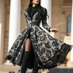 A large-sized retro long trench coat with lace patchwork for women in winter 2025