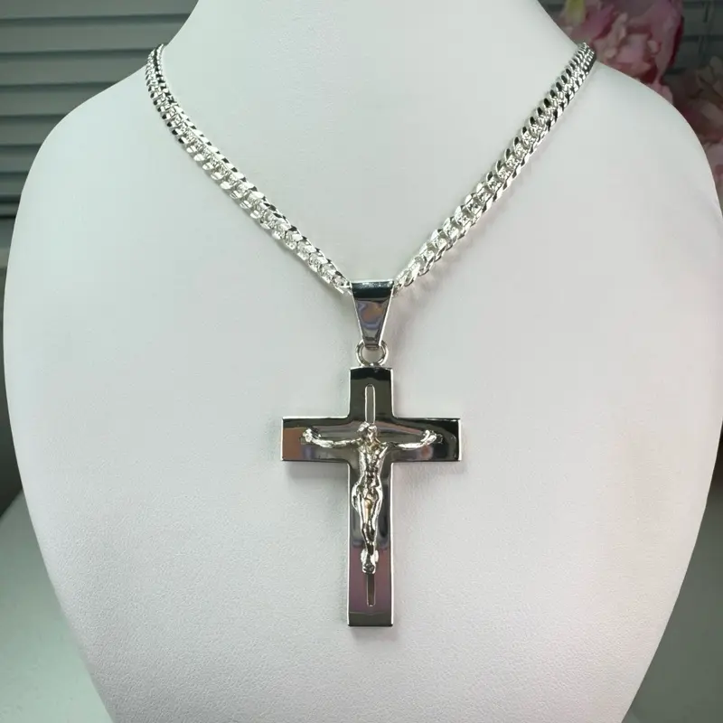 925 Sterling  Silver Cross and Cuban Chain 5mm and 22” Length